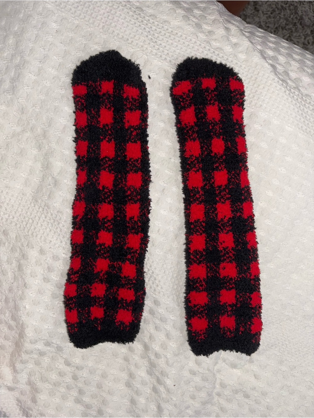 Old Navy Red and Black Fuzzy Buffalo Plaid Knee-High Socks
